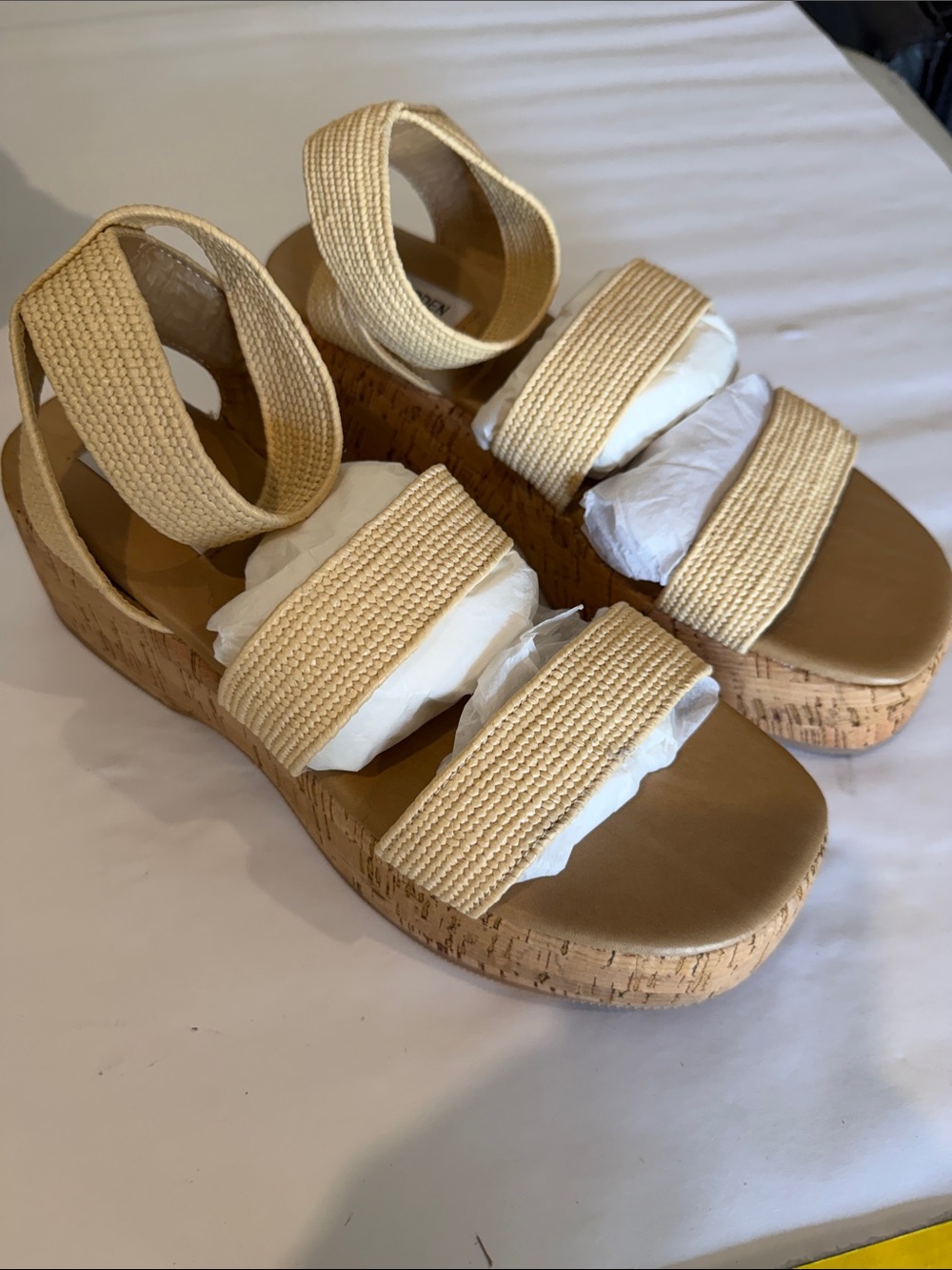 Steve Madden  Sashes Raffia Cream Woven Cork Wedge Sandals